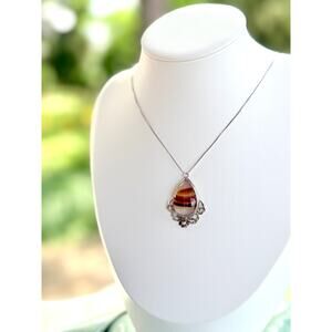 Vintage Sterling Floral & Banded Agate Pendant (18" chain)